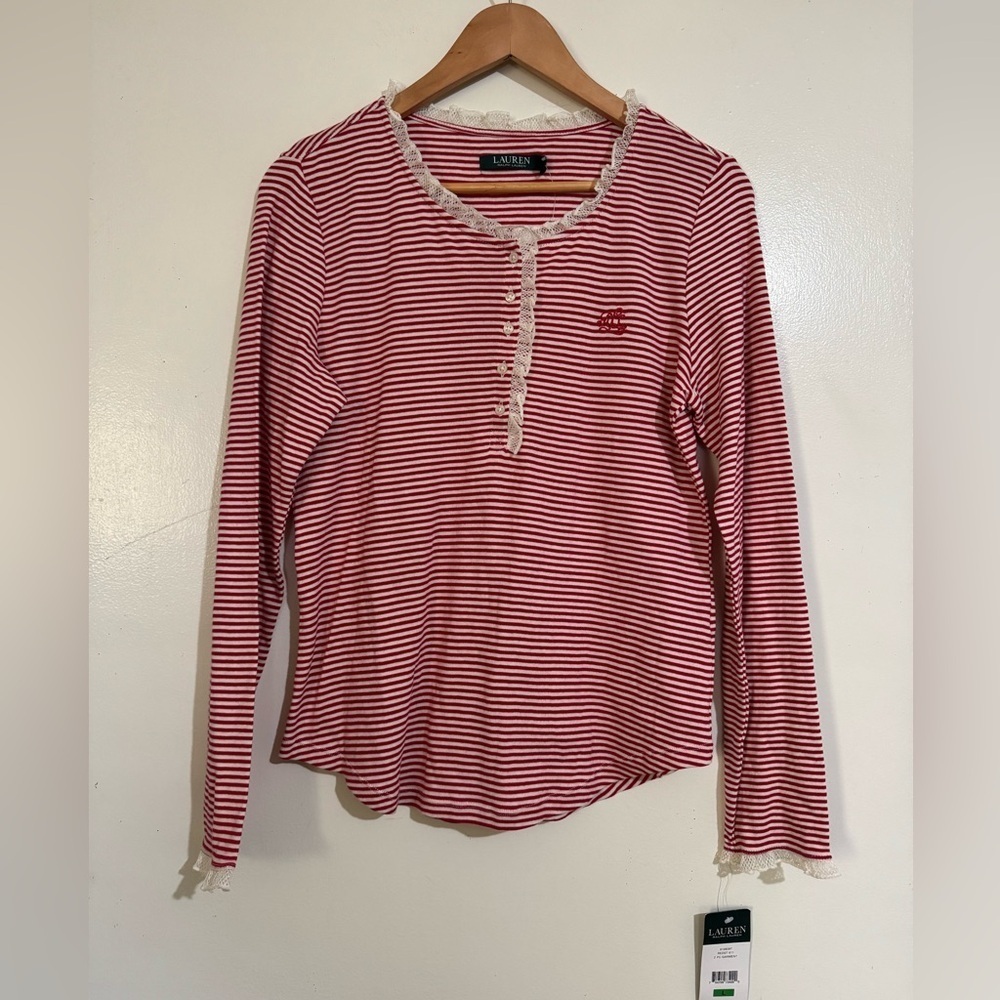 NWT Lauren Ralph Lauren Red White Striped Long Sleeve pajamas top lace trim L